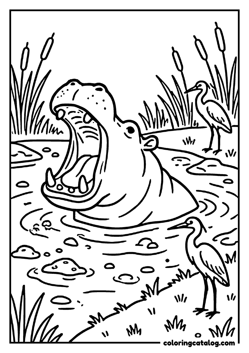 Printable Zoo coloring page: A hippopotamus opening its mouth wide in the shallows while two long legged birds wade nearby