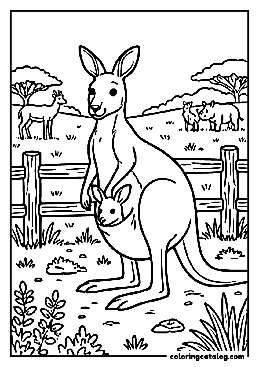 Zoo coloring page: A kangaroo standing in a paddock with a joey looking out of her pouch, deer grazing behind