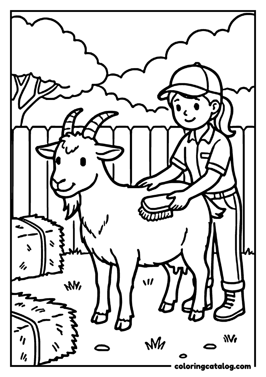Printable Zoo coloring page: A keeper crouching to brush a horned goat in the petting yard, straw bales stacked behind