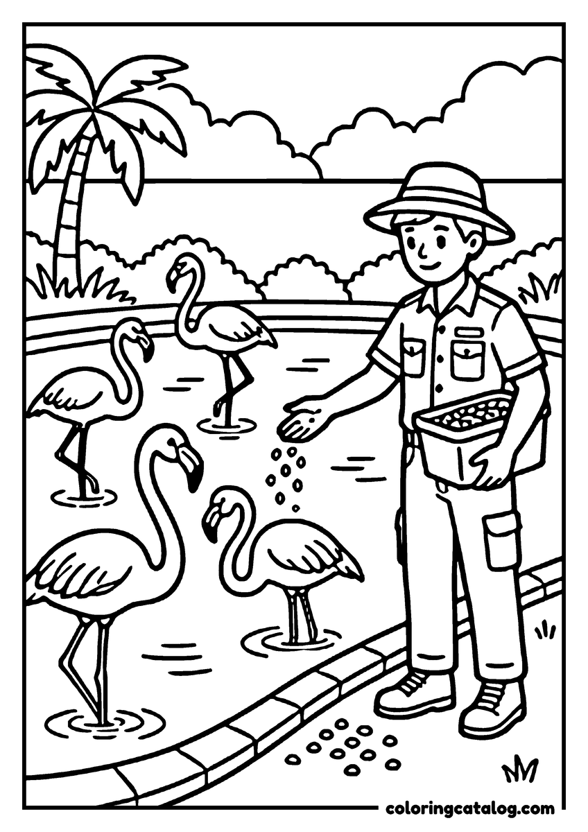 Free Zoo coloring sheet: A keeper in a sun hat scattering feed from a tub while five flamingos stand in shallow water
