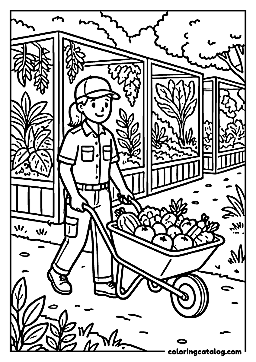 Printable Zoo coloring page: A keeper pushing a wheelbarrow heaped with vegetables along the front of an enclosure
