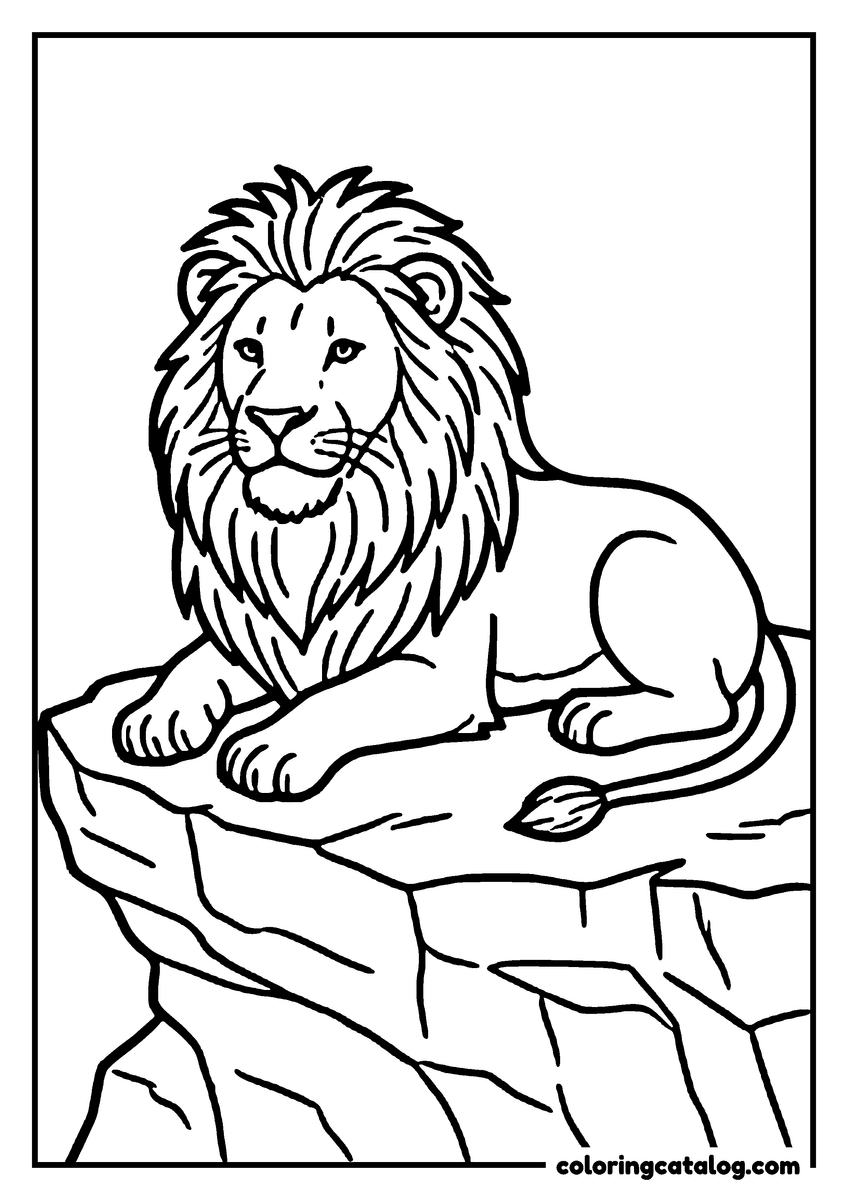 Zoo coloring page: A male lion lying on a stone ledge with his mane drawn strand by strand