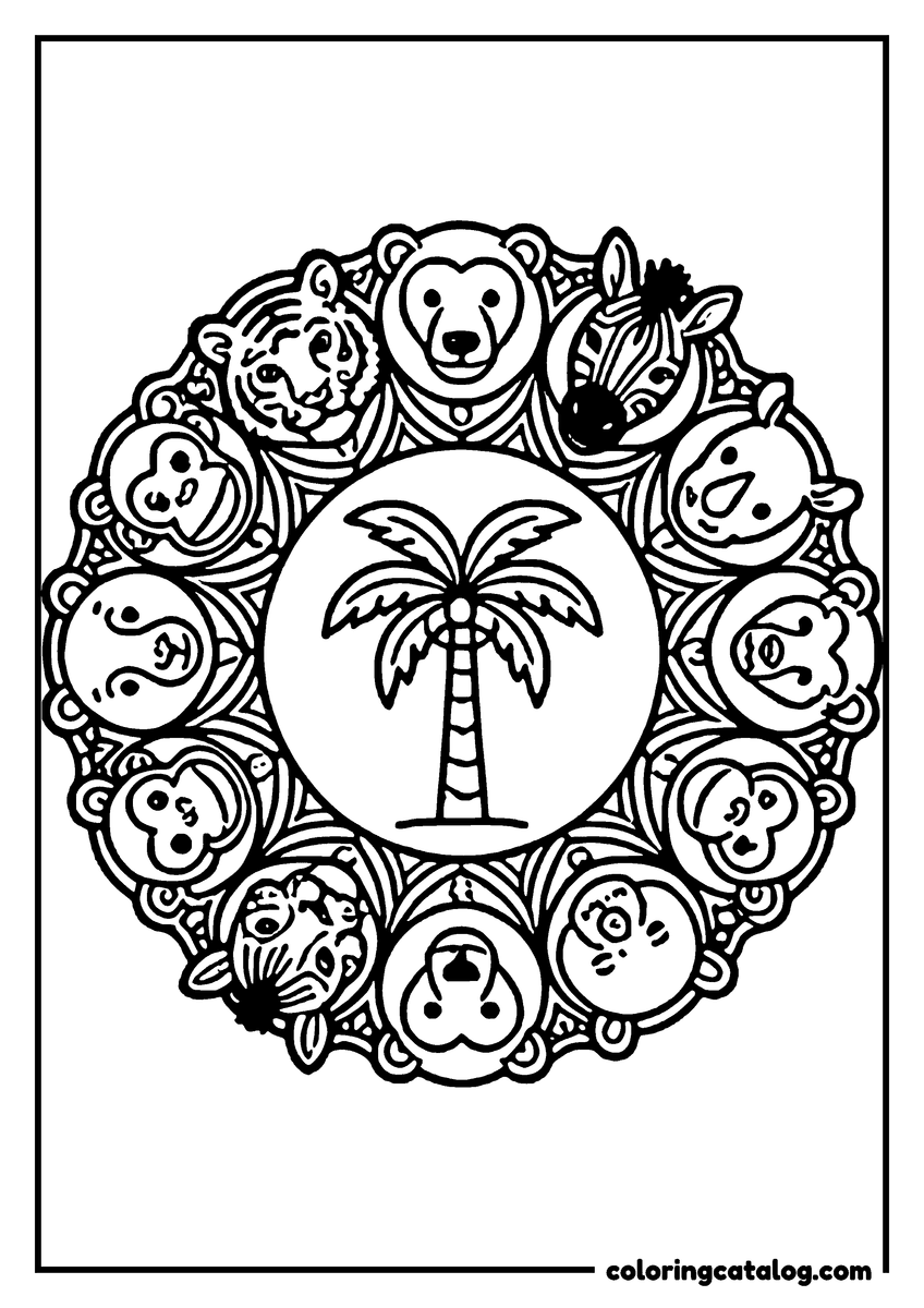 Free Zoo coloring sheet: A ring of twelve animal faces, lion, tiger, zebra, monkey and more, around a central palm tree