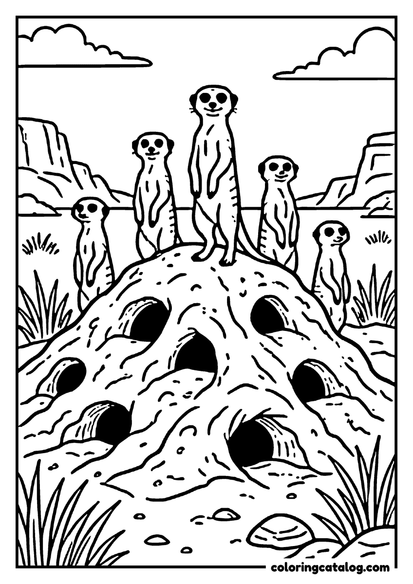 Zoo coloring page: Six meerkats standing upright on a burrowed mound, rocks and grass around them