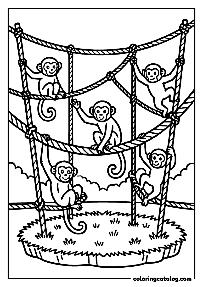 Zoo coloring page: Five monkeys climbing and hanging from a tall rope frame above a grassy ring
