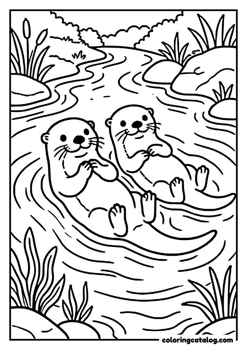 Zoo coloring page: Two otters floating belly up in a stream, paws held together, water drawn in long lines