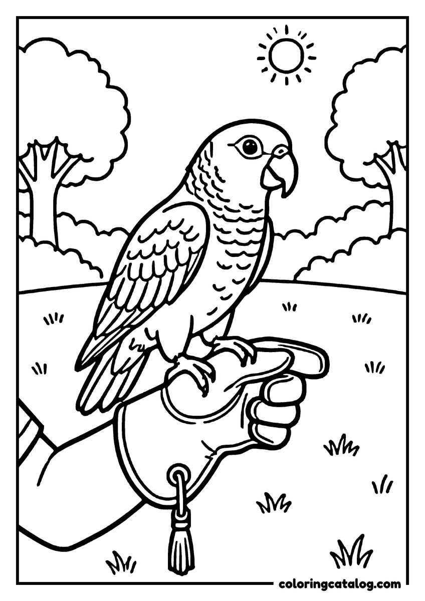 Printable Zoo coloring page: A parrot with long layered tail feathers perched on a gloved hand, trees behind
