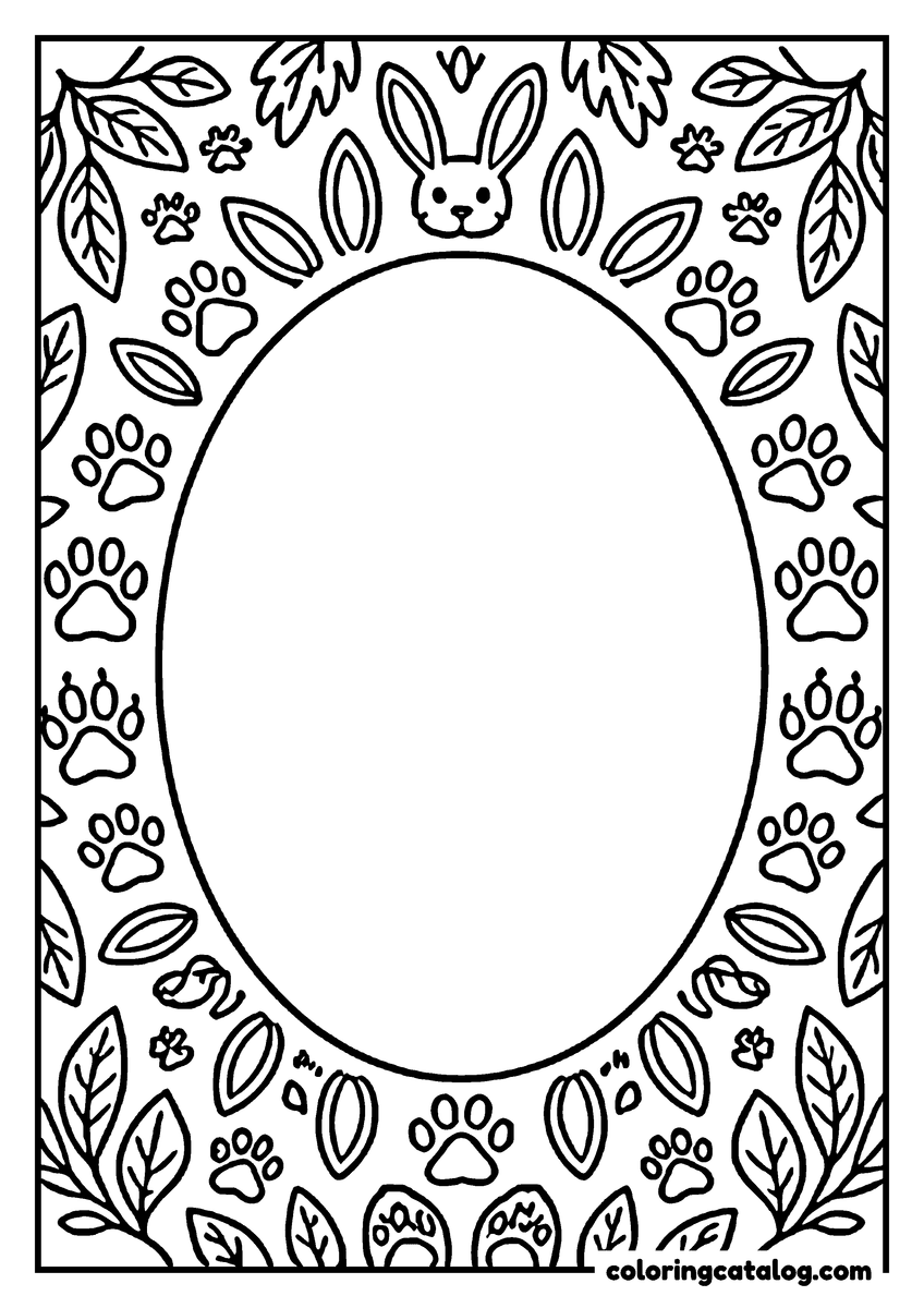 Printable Zoo coloring page: A border of paw prints, leaves and a rabbit face framing a large empty oval to fill in