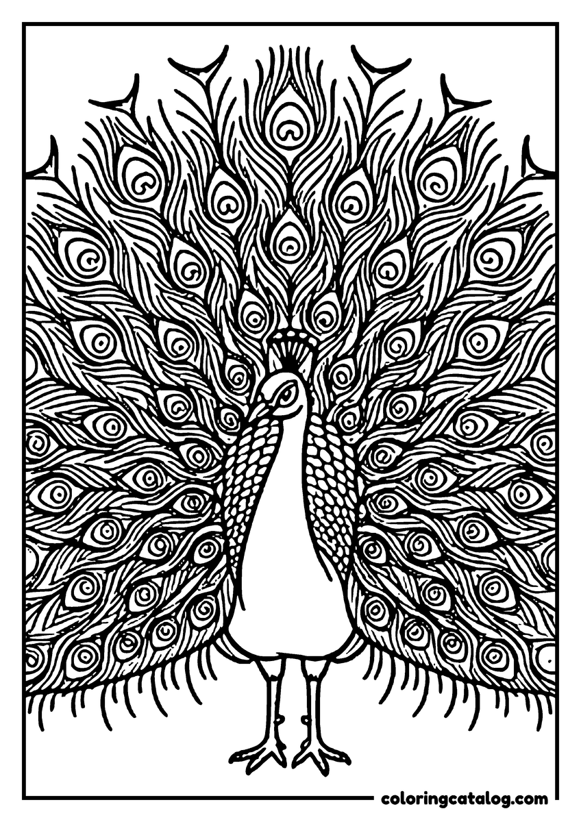 Zoo coloring page: A peacock facing forward with its tail fully spread, every eye of the feathers drawn