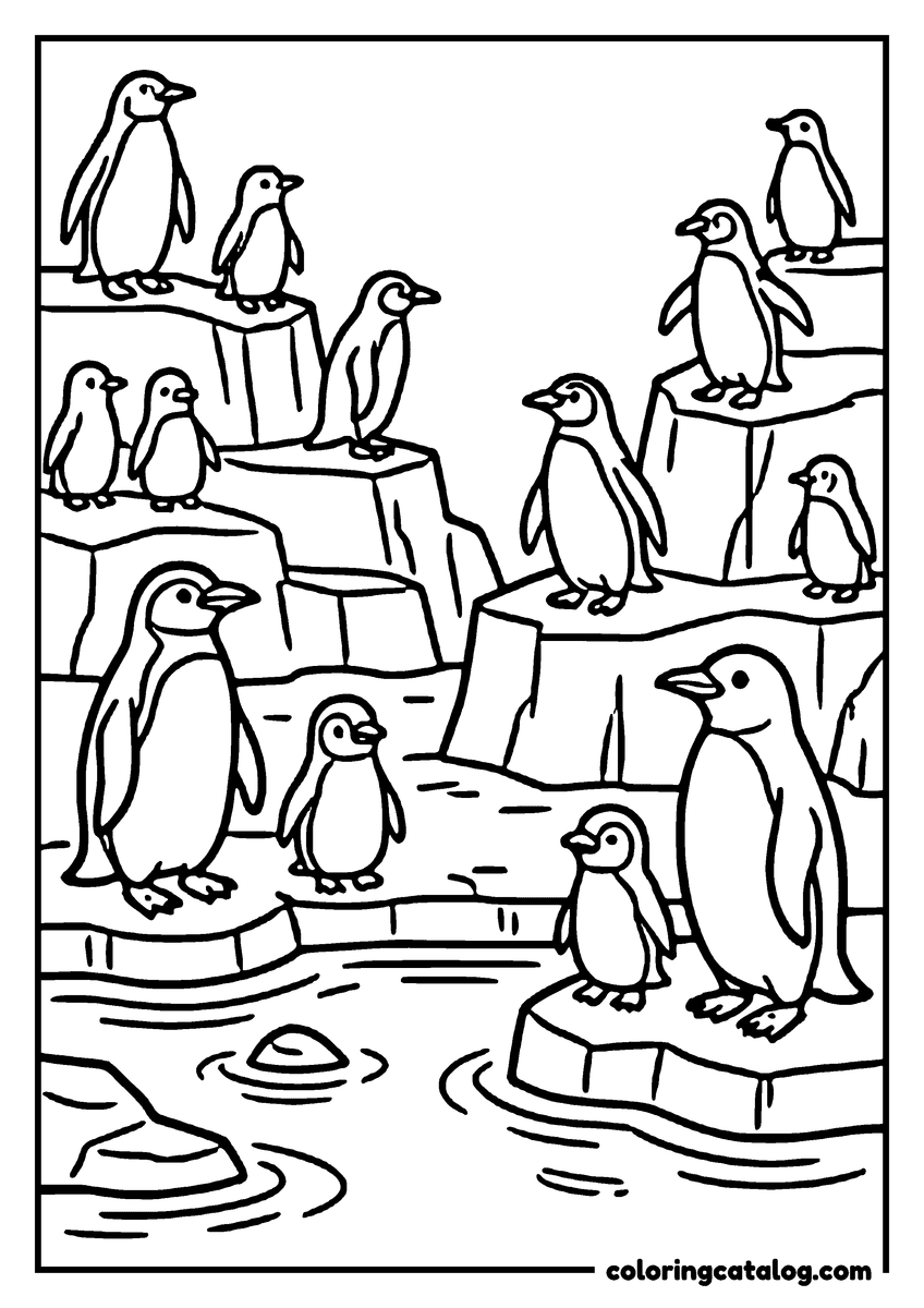 Free Zoo coloring sheet: A dozen penguins standing on stepped rocks and swimming in the pool below