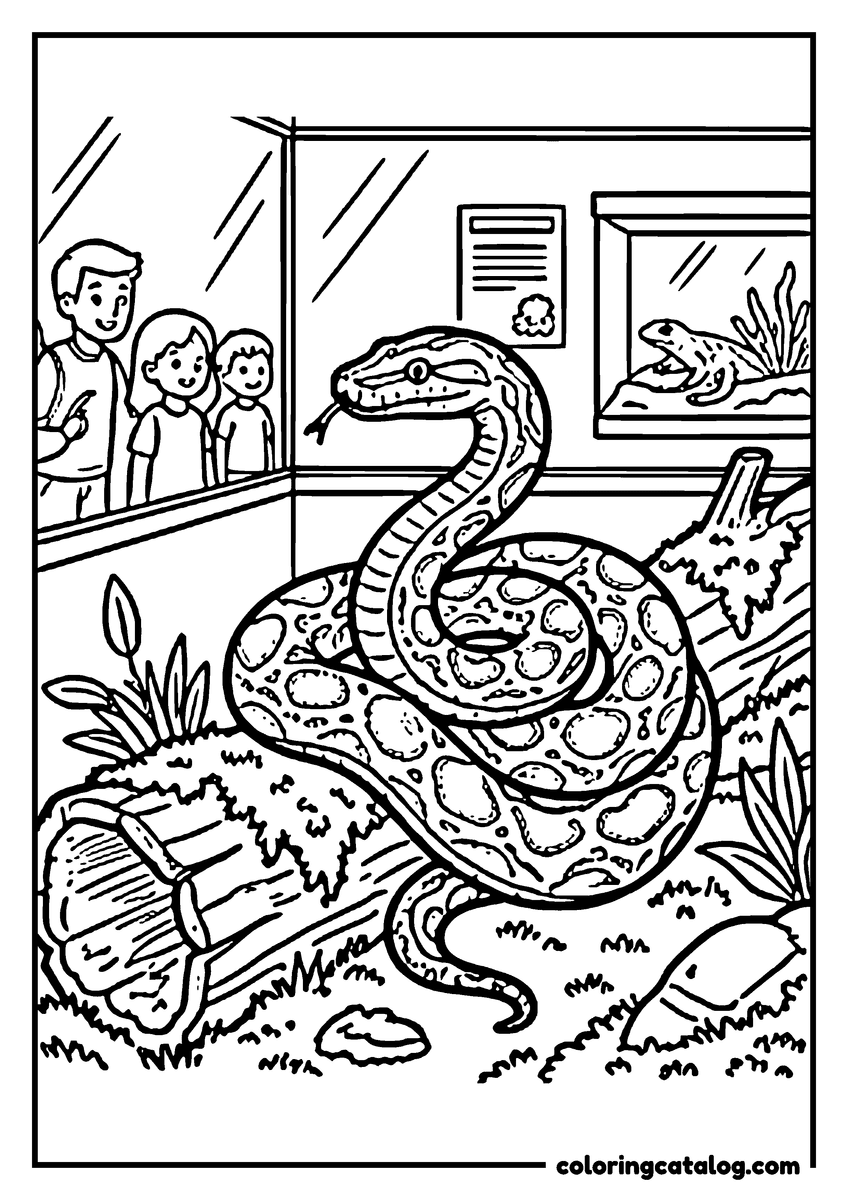 Printable Zoo coloring page: A large patterned python coiled on a log while a family watches through the glass