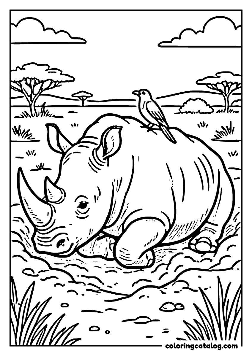 Zoo coloring page: A rhinoceros lying in a mud wallow with a small bird perched on its back