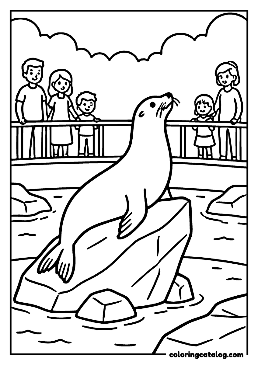 Free Zoo coloring sheet: A sea lion arching its neck on a rock while a line of visitors watches from the rail