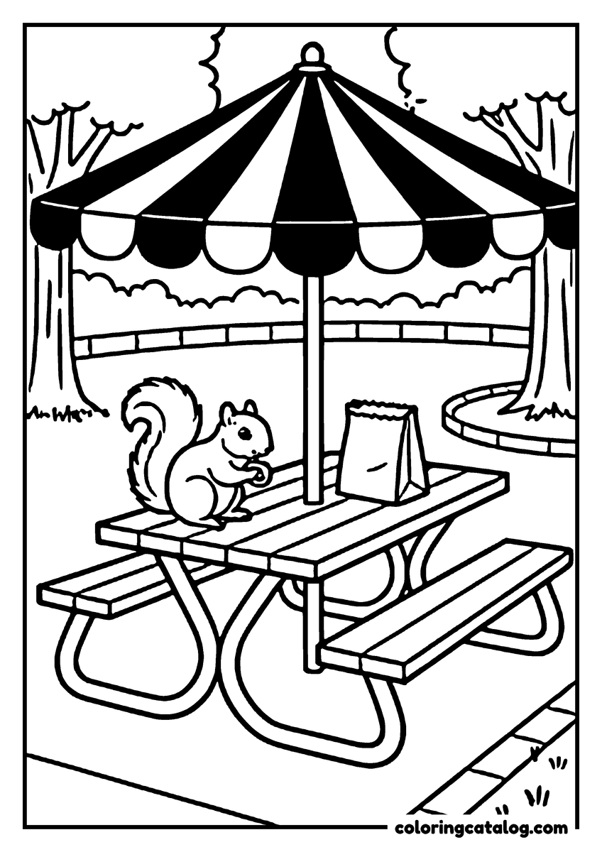 Free Zoo coloring sheet: A squirrel holding a nut on a picnic table under a striped parasol, a paper bag beside it