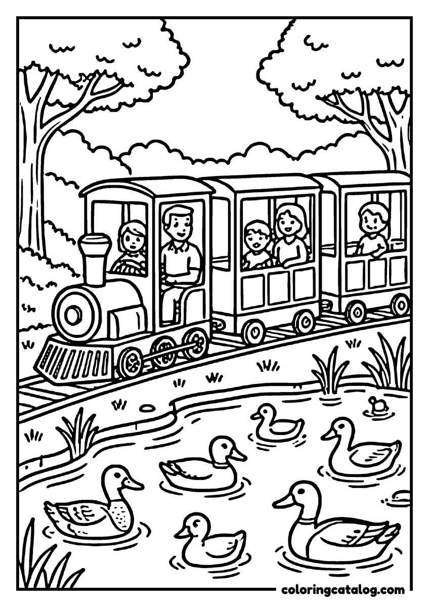 Printable Zoo coloring page: A small train of three open carriages carrying visitors past a pond of ducks