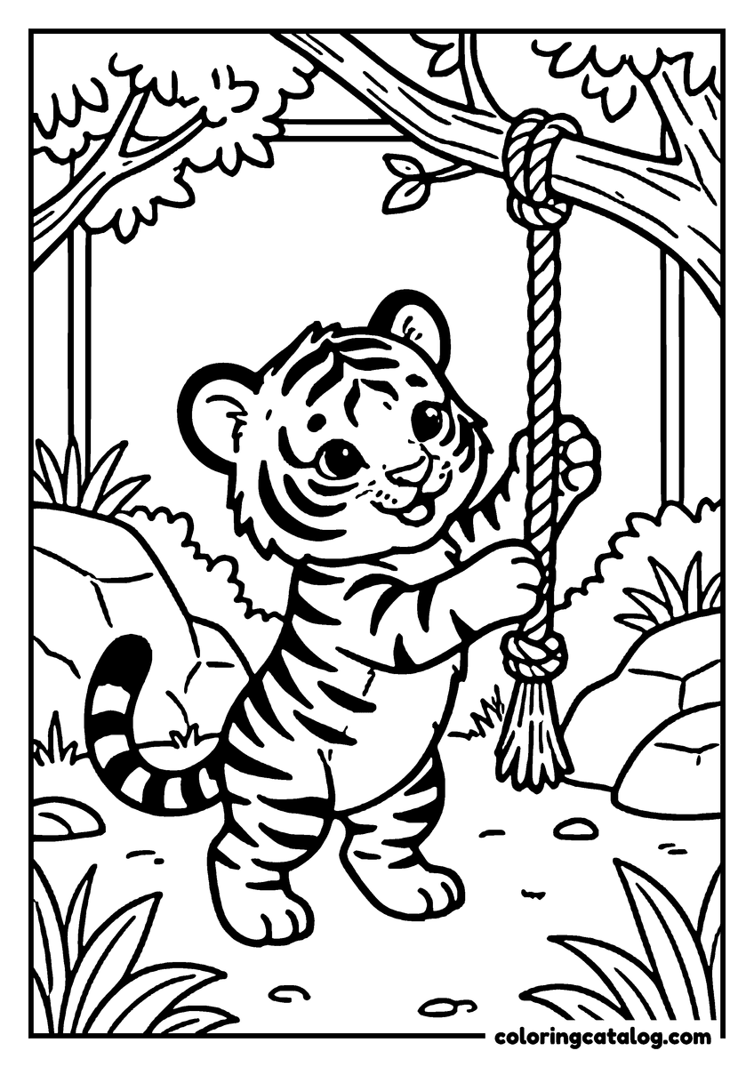 Free Zoo coloring sheet: A striped tiger cub standing on its hind legs to pull at a knotted rope hung from a branch