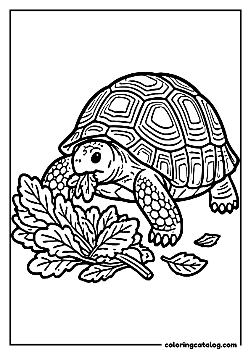 Printable Zoo coloring page: A tortoise with a patterned shell chewing a broad leaf from a pile on the ground