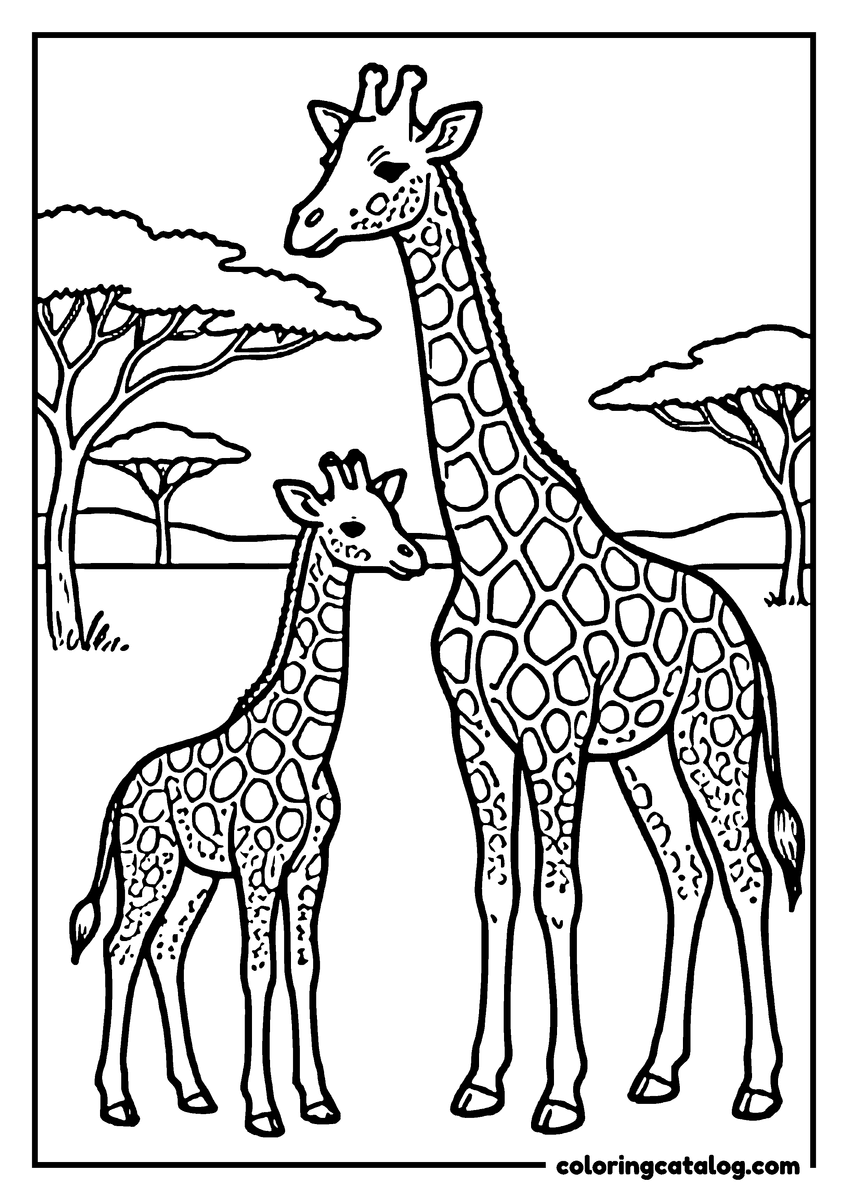 Zoo coloring page: A tall giraffe and a young one standing together with flat topped acacia trees behind