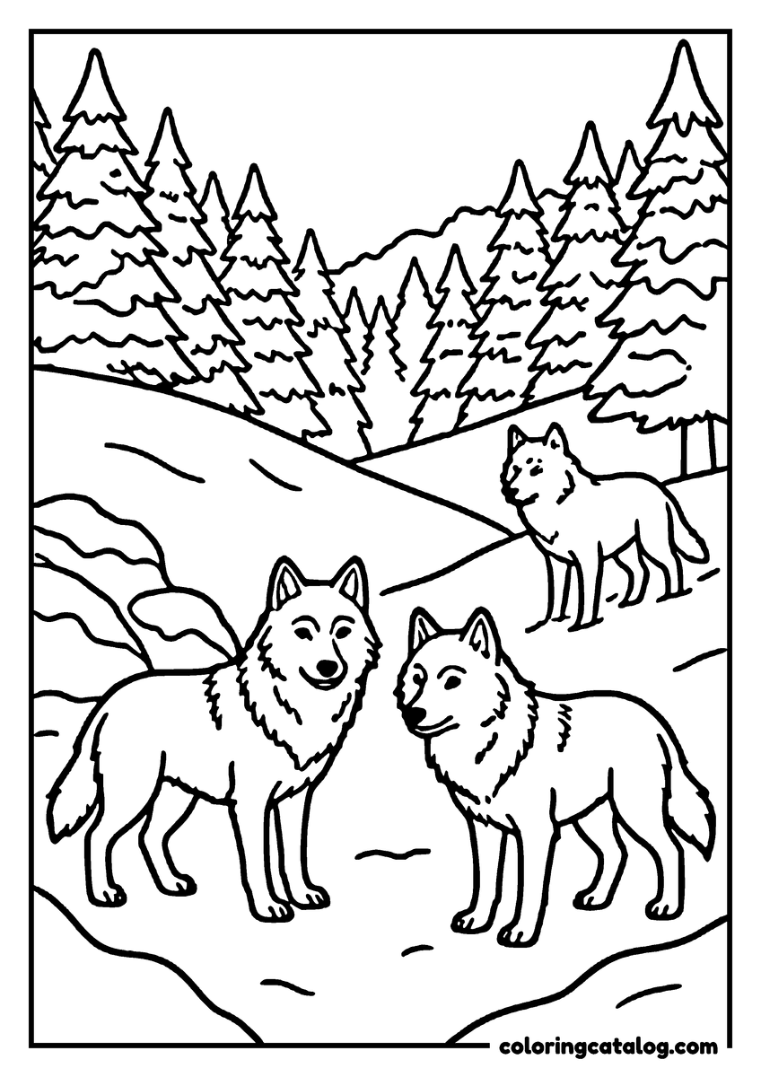 Free Zoo coloring sheet: Three wolves standing on a slope of rock and grass with tall pines behind them