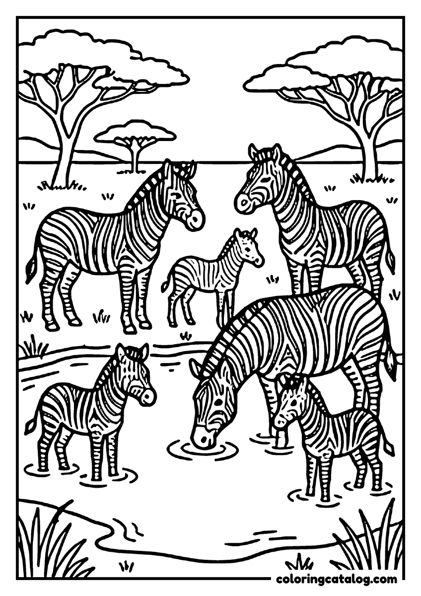 Printable Zoo coloring page: Five zebras of different sizes standing in shallow water, every stripe drawn separately